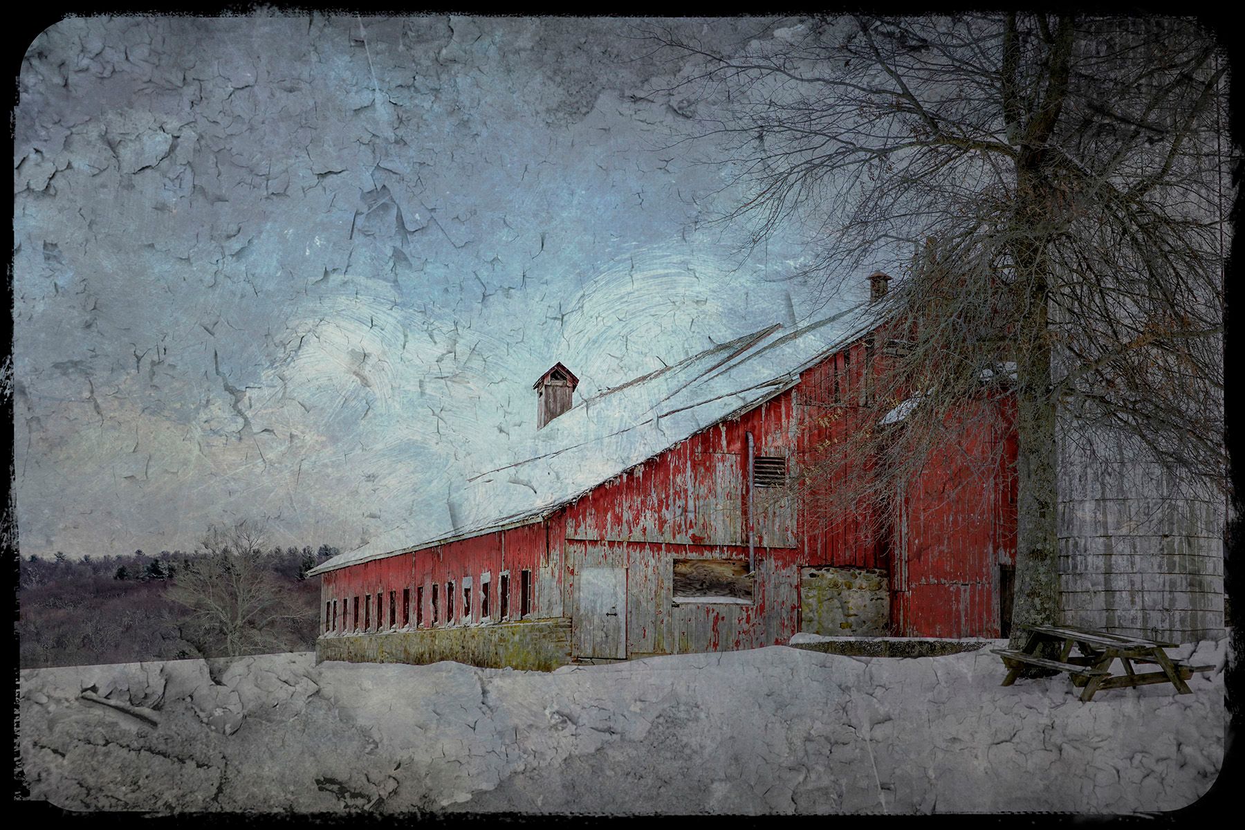 Digital Textured PhotographNew Hartford, CT Red Barn with a Winter Glow
