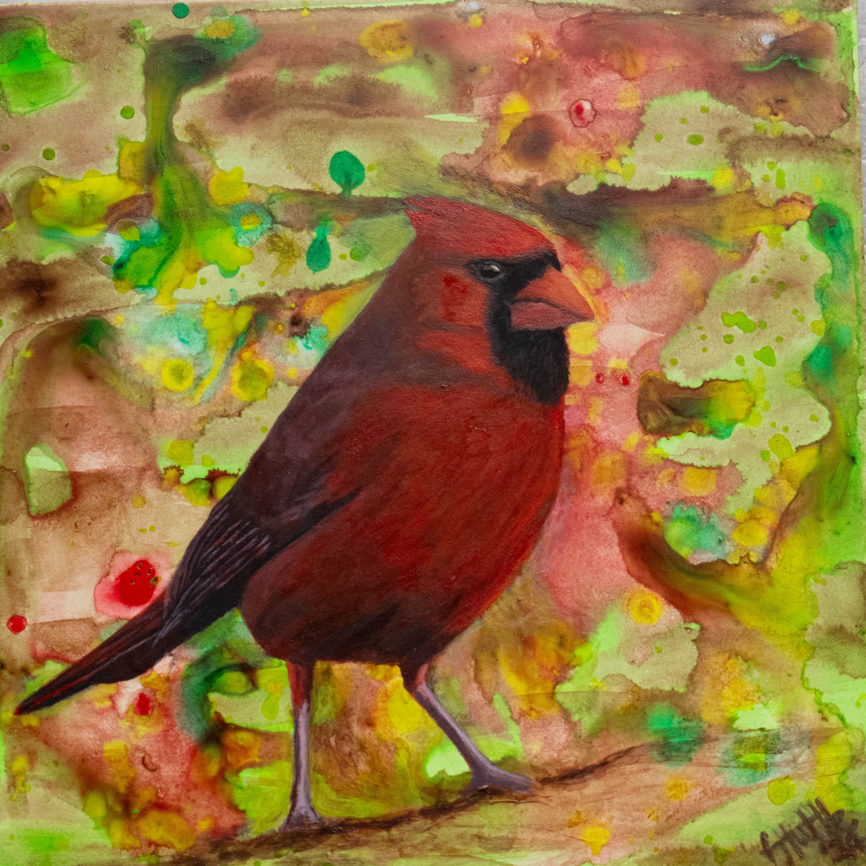 5 x 5 Acrylic on Cradled Wood Panel Cardinal Luck