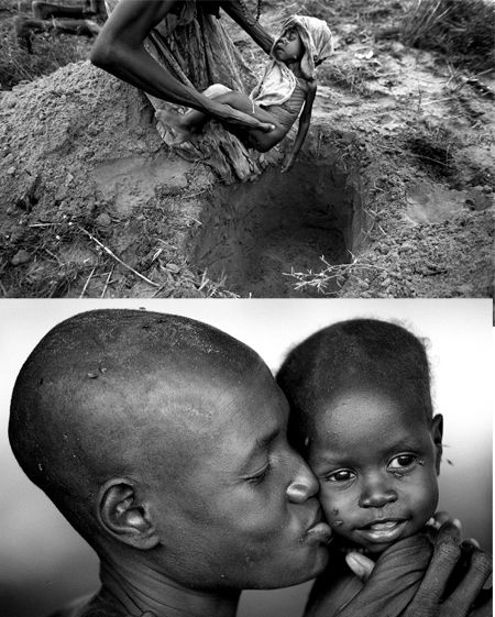 One mother buries her daughter, while another comforts her emaciated child with motherly love inside a therapeutic feeding center. Therapeutic feeding centers are where children who weight less than 60 percent of their prescribed weight are treated. 1SUDAN2.jpg