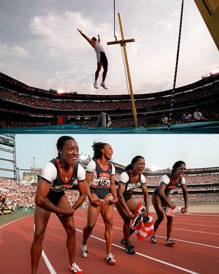 Victory at the Atlanta Summer Olympic Games.  A decathalete celebrates clearing the pole vault.  The womens U.S. 4x100 relay team celebrate their gold medal finish in macho style. VICTORY