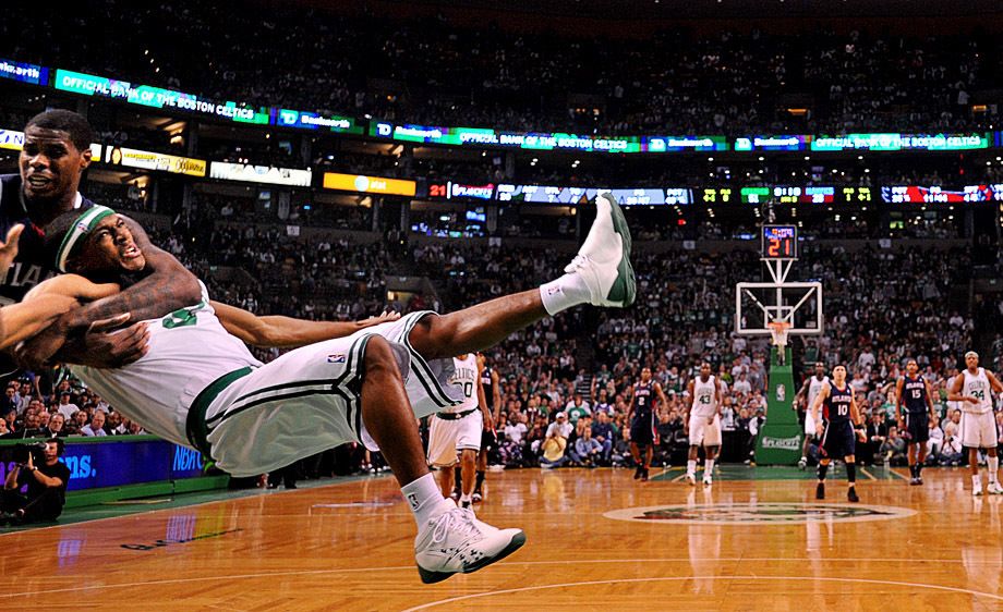 The Atlanta Hawks Marvin Williams "clotheslines" Boston Celtics Rajon Rondo in Game 7 of their NBA playoff game at the Boston Garden. NBA PLAYOFFS