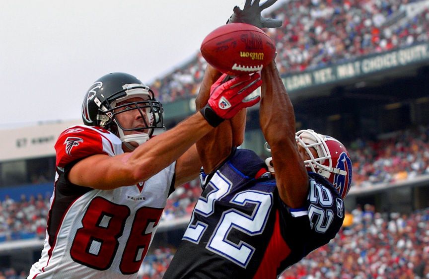 Atlanta Falcons receiver Brian Finneran and Buffalo Bills Nate Clements fight for the ball in the end zone. ATLANTA FALCONS FOOTBALL
