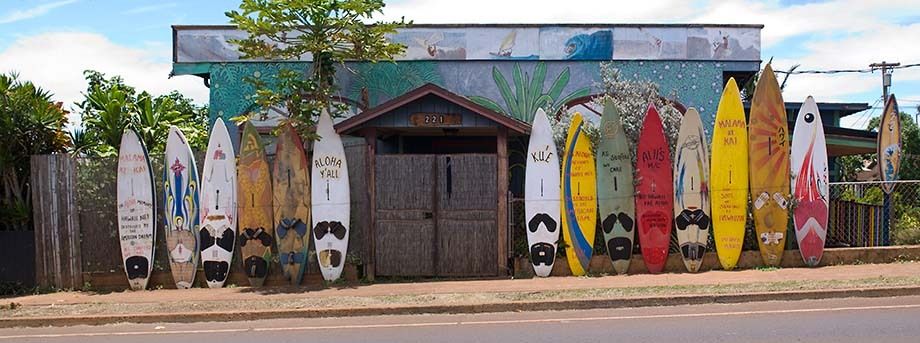 windsurfer boards on Baldwin Avenue, Paia, Maui, Hawaii