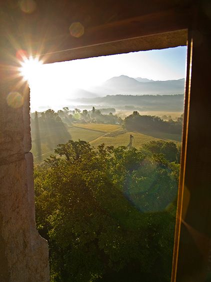 view out of one of ten bedroom windows of Chateau St-Philippe of Isere Valley in Savoie area of Rhone-Alps region in France