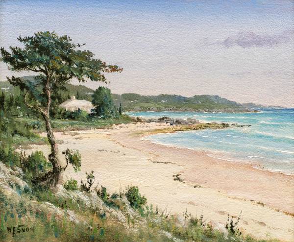 Warren Francis Snow (1869—1962)
Bermuda Beach with Cedar and House
Oil on board
8 3/16 x 10 inches
Signed in lower left corner: W.F. Snow
Inscribed and dated on verso: Bermuda/1940 Snow_Bermuda_Unframed.jpg