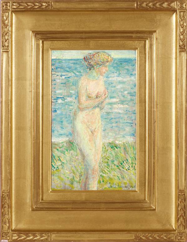 CHILDE HASSAM (1859-1935)
A Bather, Silver Beach Grass, 1918
Oil on panel
9 5/16 x 5 9/16 inches
Signed and dated lower right: Childe Hassam / 1918 HASSAM_Bather_Framed.jpg
