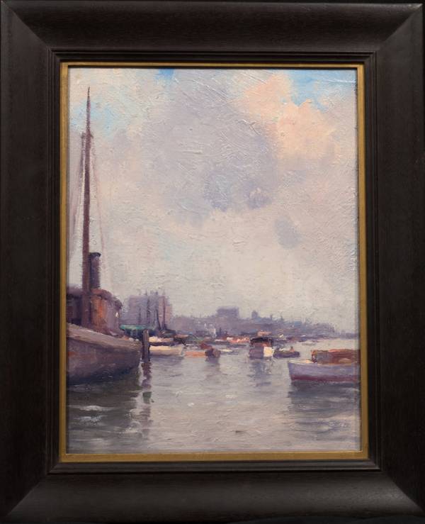GUSTAVE WOLFF (1863-1935)
Calm Day, 79th Street Boat Basin
Oil on canvas
16 x 12 inches
Estate stamp verso Wolff_BoatBasin_Framed