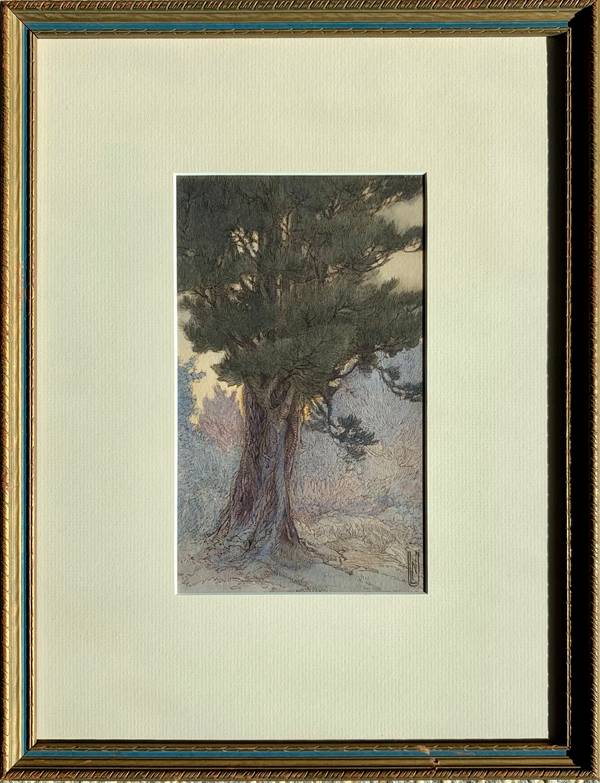 Nelly Littlehale Murphy (1867-1941)
Tree Study at Twilight
Mixed media on paper
9 x 5 ¼ inches (sight)
Signed with monogrammed signature, lower right Nelly Littlehale Murphy Tree Study at Twilight