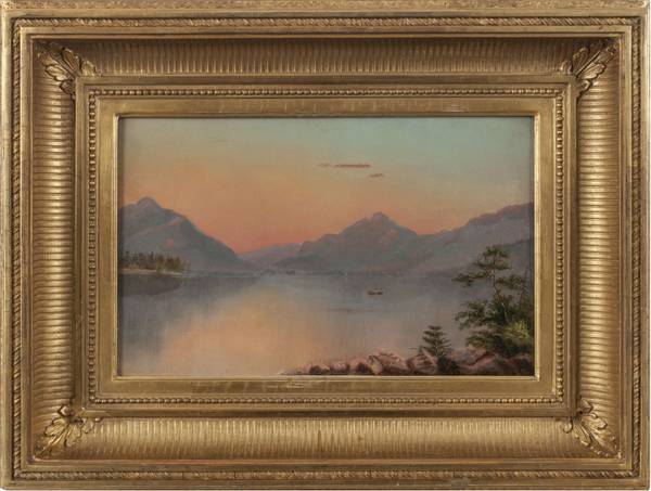 Suzanne C. Porter (c.1839 – 1887)
Lake Placid, Adirondacks, c.1879
Oil on board
6 7/8 x 10 3/4 inches
Signed at lower right Suzanne C. Porter Lake Placid, Adirondacks Framed