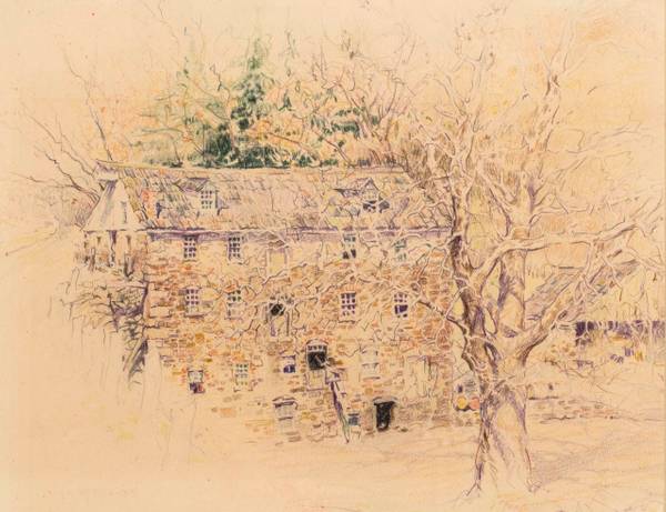 Mary Lane McMillan (1883-1976) Stone Building, c. 1931
Colored pencil on paper
8 ½ x 10 ³/4 inches
Signed lower left Mary Lane McMillan Stone Building, c. 1931