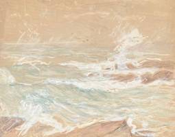 Carolyn Campbell Mase (1858-1948) A Misty Sea Watercolor and gouache on paper board 15 ¼ x 19 1/8 inches Signed lower left; titled A Misty Sea on verso Carolyn Campbell Mase A Misty Sea