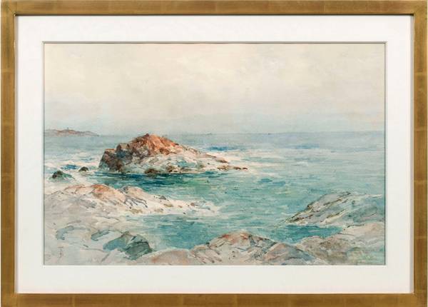 Alfred T. Bricher (1837-1908)
Low Tide, Indian Rock, Narragansett, RI
Watercolor on paper
12 ½ x 19 1/4 inches
Signed lower left Alfred T. Bricher Low Tide, Indian Rock, Narragansett, RI Framed