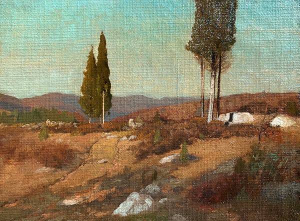 Frank Anderson (1844-1891)
Cedars in the Hudson River Valley
Oil on canvas mounted on masonite
9 x 12 Inches
Estate of the Artist Frank Anderson Cedars in the Hudson River Valley unframed