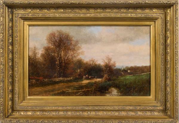 James McDougal Hart (1828 - 1901)
A Day in November, 1863
Oil on canvas
10 ½ x 18 inches
Signed and dated 1863, lower left
Inscribed with title and dated 1863, verso James McDougal Hart A Day in November, 1863 framed
