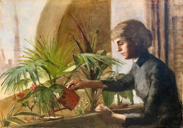 Martha J. Shaw (Late 19th C.) In the Conservatory Oil on canvas 13 1/2 x 18 ¾ inches Signed lower left Martha J. Shaw In the Conservatory