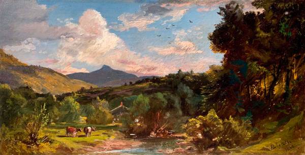 Dewitt Clinton Boutelle (1820-1884)
View in the White Mountains, Mount Chocorua, 1866
Oil on heavy paper board
5 ½ x 10 inches
Signed lower right: Boutelle, and dated 1866 DeWitt Clinton Boutelle, View in the White Mountains, Mount Chocorua, 1866