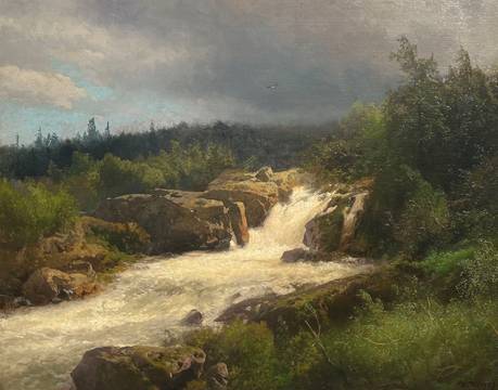 Hermann Herzog Waterfall Rushing Through Rocks