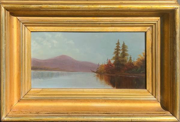 Louise A. Taber (1851-1944) Sawyer's Pond, White Mts, N.H oil on board 5 x 9 1/4 inches Signed L.A Taber and dated March 16, 1872 on verso, title inscribed on verso Remnant label with title on frame verso Louise A. Taber Sawyer's Pond, White Mts, N.H
