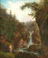 EDWARD L. CUSTER (1837-1881)
Waterfall and Fisherman, 1861
Oil on canvas
12 1/8 x 10 1/8 inches
Signed and dated 1861 at lower center
Sold Edward Custer