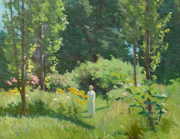 Lydia Eastwick Longacre (1870-1951) In the Pupke's Garden Oil on canvas 8 x 10 inches Signed and inscribed with title, verso Lydia Longacre In the Pupke's Garden unframed