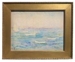 Carolyn Campbell Mase (1858-1948) Boats in the Harbor Watercolor and pencil on paper mounted on board 15 1/16 x 19 11/16 inches Signed lower left Carolyn Campbell Mase Boats in the Harbor