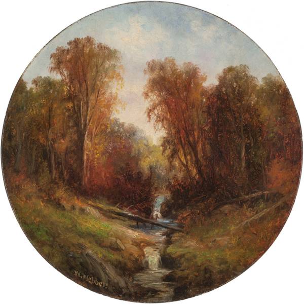 WESLEY WEBBER (1839-1914)
Autumn Stream
Oil on concave composition board
12 inches diameter
Signed lower left Wesley Webber Autumn Stream Unframed