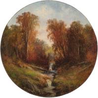 WESLEY WEBBER (1839-1914)
Autumn Stream
Oil on concave composition board
12 inches diameter
Signed lower left Wesley Webber Autumn Stream Unframed