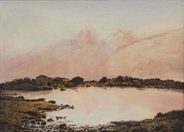 GUSTAVUS FRANKENSTEIN (1827-1893)
Milky Lake, Alps
Oil on canvas
11 x 15 ¼ inches
Signed at lower right and inscribed on verso Frankenstein Milky Lake Alps Unframed