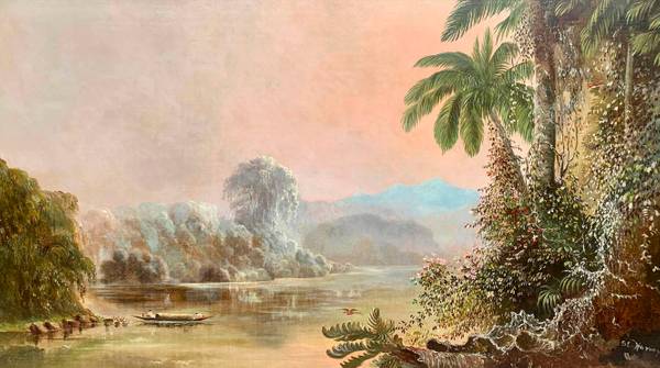 Sarah E. Harvey (1834-1924) Tropical Landscape Oil on canvas 15 ¾ x 28 inches Signed lower right Sarah E. Harvey Tropical Landscape