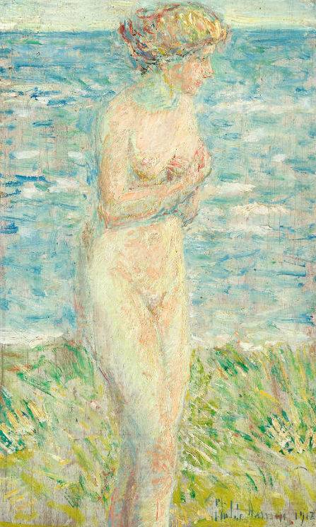 CHILDE HASSAM (1859-1935)
A Bather, Silver Beach Grass, 1918
Oil on panel
9 5/16 x 5 9/16 inches
Signed and dated lower right: Childe Hassam / 1918 Hassam_Bather_Unframed.jpg