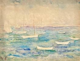 Carolyn Campbell Mase (1858-1948) Boats in the Harbor Watercolor and pencil on paper mounted on board 15 1/16 x 19 11/16 inches Signed lower left Carolyn Campbell Mase Boats in the Harbor