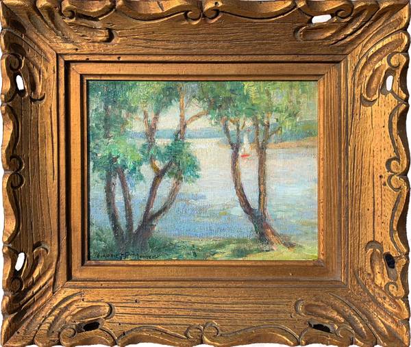 Harriet E. Monteith (1903-1975) Sailing on the St. Joe River, Indiana oil on canvas 8 x 10 inches Signed lower right Inscribed with title Harriet E. Monteith Sailing on the St. Joe River, Indiana