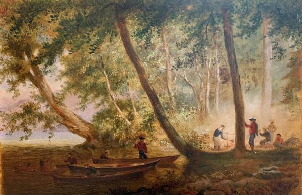 George Henry Burgess Campfire Scene with Settlers and Native Americans unframed