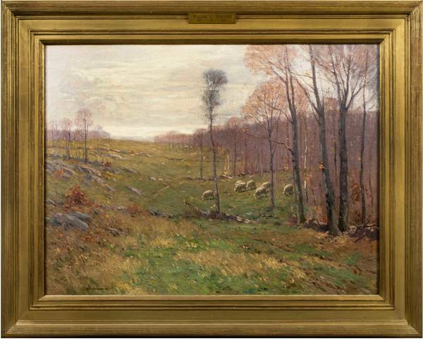 William S. Robinson (1861-1945)
Sheep in Meadow
Oil on unlined canvas
30 x 36 inches
Signed lower left William S. Robinson Sheep in Meadow Framed