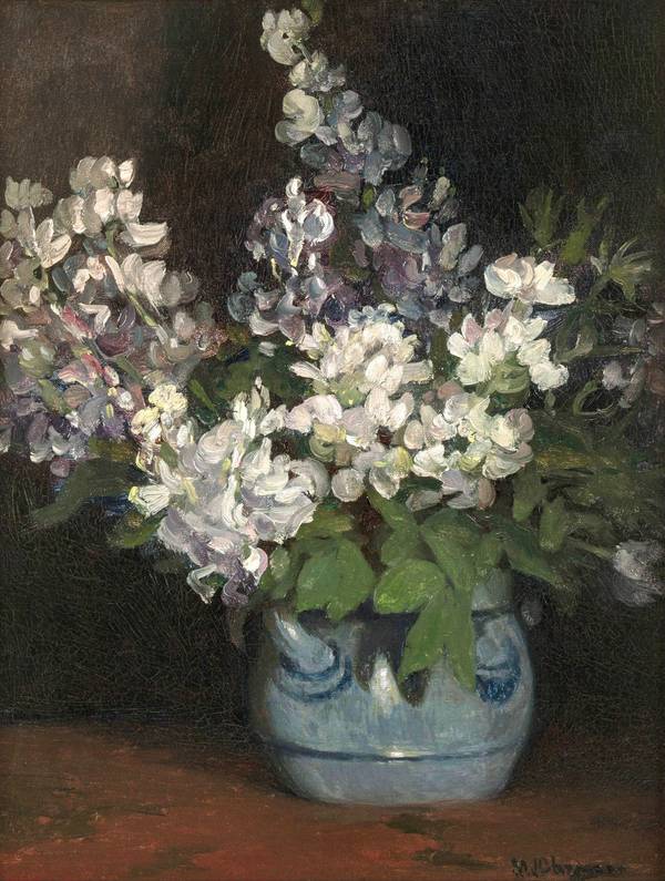 MINERVA JOSEPHINE CHAPMAN (1858-1947)
Lilacs
Oil on canvas
16 x 12 ½ inches
Signed lower right
Inscribed “Étude Fleurs” Minerva Josephine Chapman Lilacs Unframed