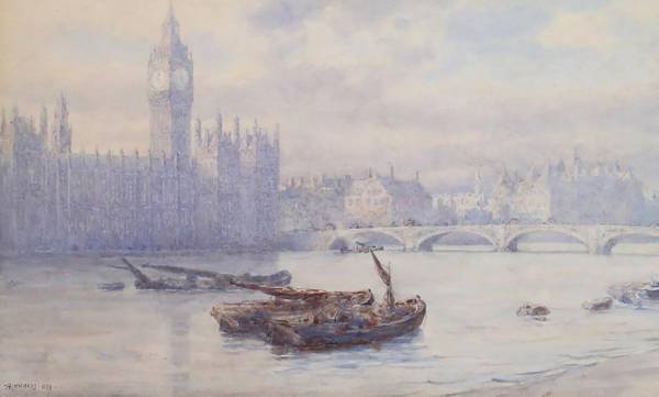 Anna Mary Richards Brewster (1870–1952) Houses of Parliament Lambeth Embarkment Watercolor on paper mounted on board 11 x 17 ⅞ inches Signed and dated 1899, lower left Anna Mary Richards Brewster Houses of Parliament Lambeth Embarkment