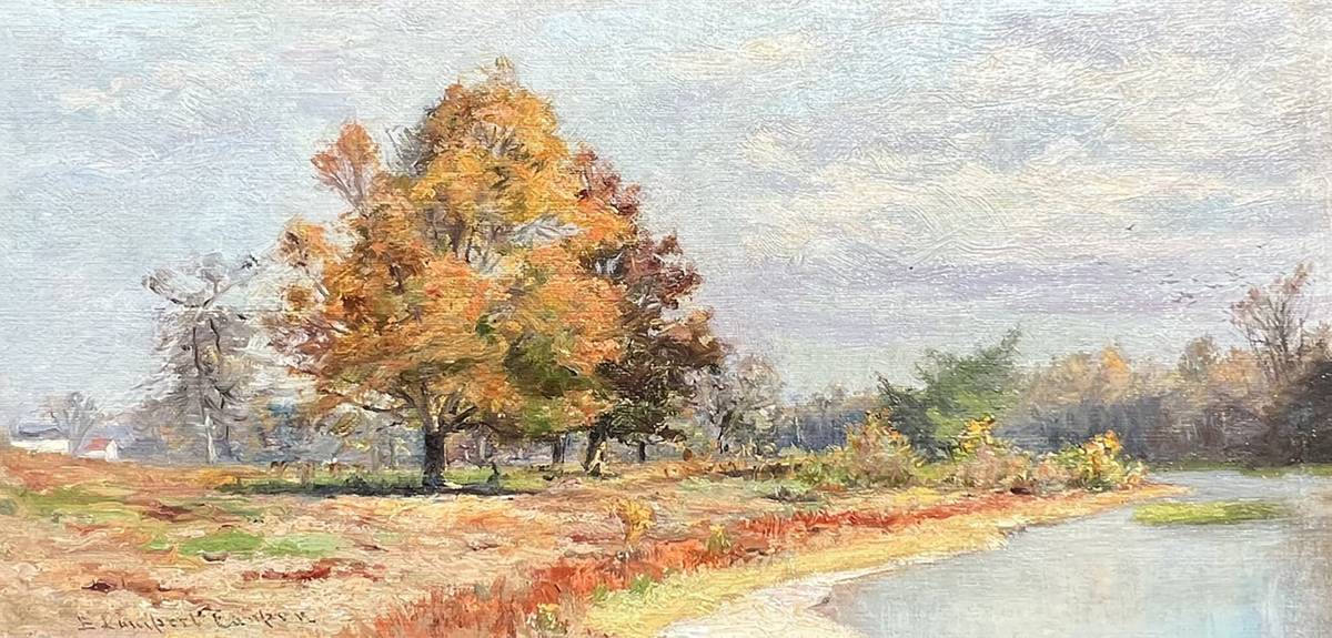 Emma Lampert Cooper (1855-1920) Autumn Lake Oil on canvas mounted on board 7 7/8 x 16 1/8 inches Signed lower left Emma Lampert Cooper Autumn Lake