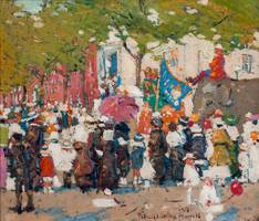 FELICIE WALDO HOWELL (1897-1968)
Red Cross Parade, NYC, 1917
Oil on board
12 x 14 inches
Signed and dated 1917, lower right Felicie Waldo Howell Red Cross Parade