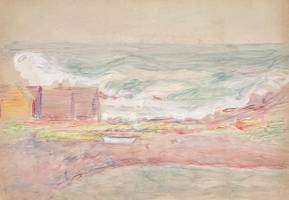 Carolyn Campbell Mase (1858-1948) Beach Scene with Bathing Tents Watercolor, gouache, and pencil on paper mounted on board 14 x 20 inches Signed lower left Carolyn Campbell Mase Beach Scene with Bathing Tents