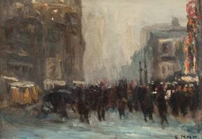 ERNEST FREDERICK MEYER (1863-1952)
New York Street Scene
Oil on board
5 ¾ x 8 inches
Signed lower right
Provenance:
Robert Schoelkopf Gallery, New York Ernest Frederick Meyer New York Street Scene Unframed
