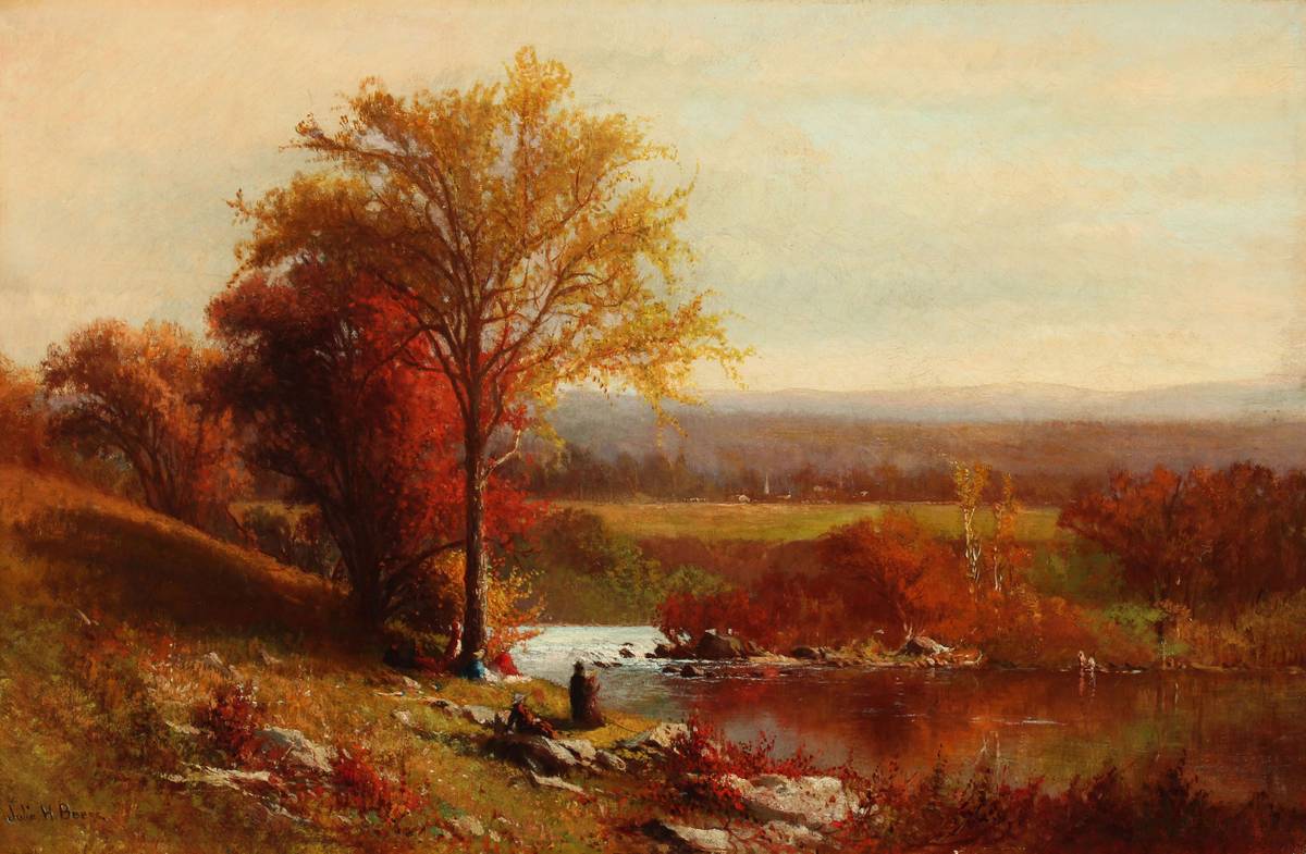 Julie Hart Beers (1835-1913)
Autumn Picnic in the Hudson Valley
Oil on canvas
11 1/2 x 17 1/2 inches
Signed lower left Julie Hart Beers Autumn Picnic in the Hudson Valley unframed