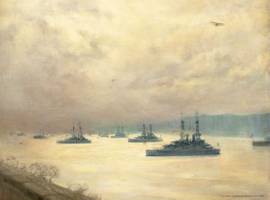MARY FAIRCHILD LOW (1858-1946)
Battleships on the Hudson River, 1919
Oil on canvas
22 x 29 inches
Signed and dated 1919, lower right Mary Fairchild Low Battleships on Hudson Unframed