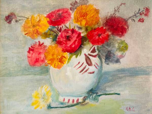 Helen M. Goodwin (1865-1955) Zinnias Oil on canvas board 13 ¾ x 18 inches Signed lower right Original Indiana Artists Exhibition label on backing Helen M. Goodwin Zinnias