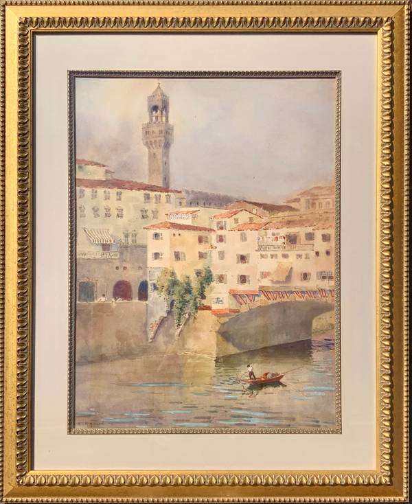 Mary Lane McMillan (1883-1976) The Tower of the Palazzo Vecchio, Florence, c. 1910
Watercolor on paper
25 x 19 inches
Signed lower left Mary Lane McMillan The Tower of the Palazzo Vecchio, Florence, c. 1910