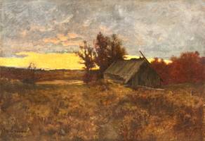 Mary Loring Warner (1860-1950) Barn at Sunset Oil on canvas 14 x 20 inches Signed and dated 1887, lower left; Inscribed DeHaven verso Mary Loring Warner Barn at Sunset