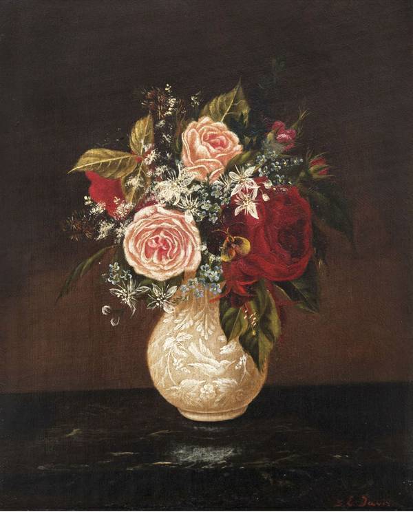 Sarah E. Davis (Fl. 1870's)
Still-life of Roses in a Porcelain Vase
Oil on canvas
10 x 8 inches
Signed and dated 1865, lower left Sarah E. Davis Still-Life of Roses in a Porcelain Vase