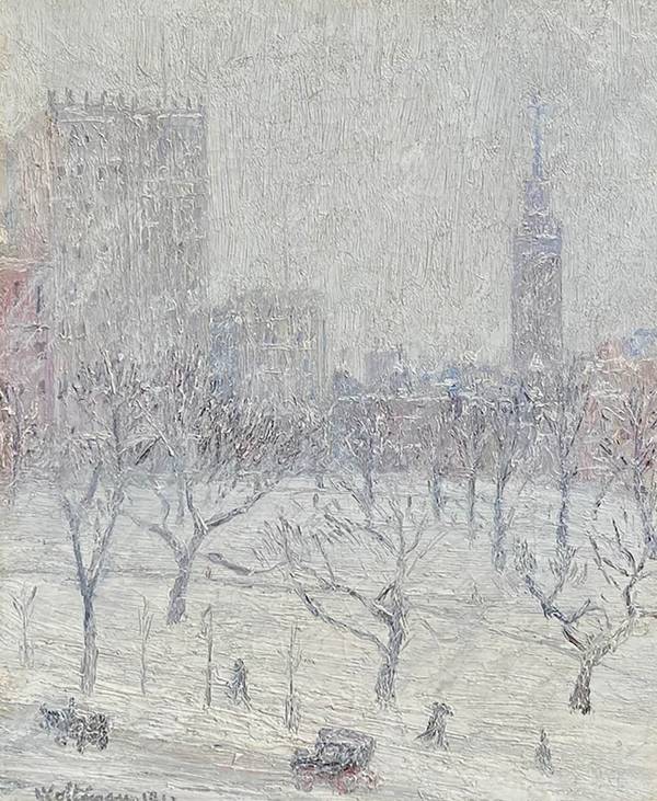 Harry Franklin Waltman (1871-1951) The Christmas Snow, Madison Square, Oil on canvas laid on board 16 x 13 inches igned and dated 1912, lower left, Inscribed with title, verso Harry Franklin Waltman The Christmas Snow, Madison Square