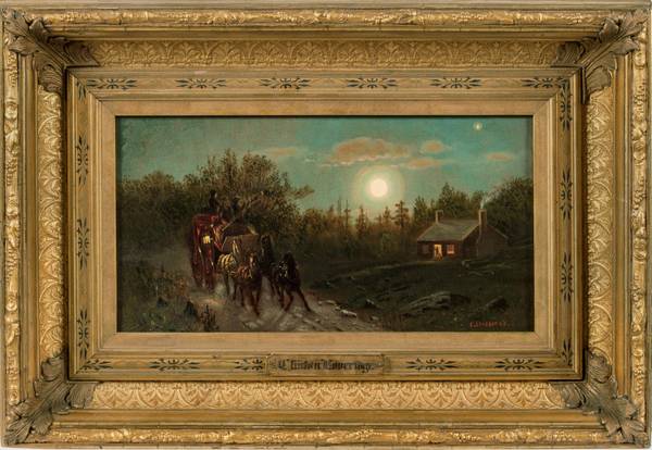 CLINTON LOVERIDGE (1824-1915)
Carriage by Moonlight
Oil on canvas
7 x 13 1/16 inches
Signed lower left Clinton Loveridge Carriage by Moonlight Framed