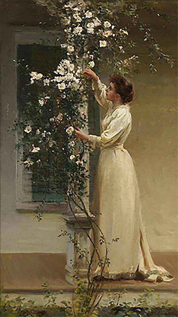 Hamilton Hamilton Young Woman Standing Before a Trellis of Flowers