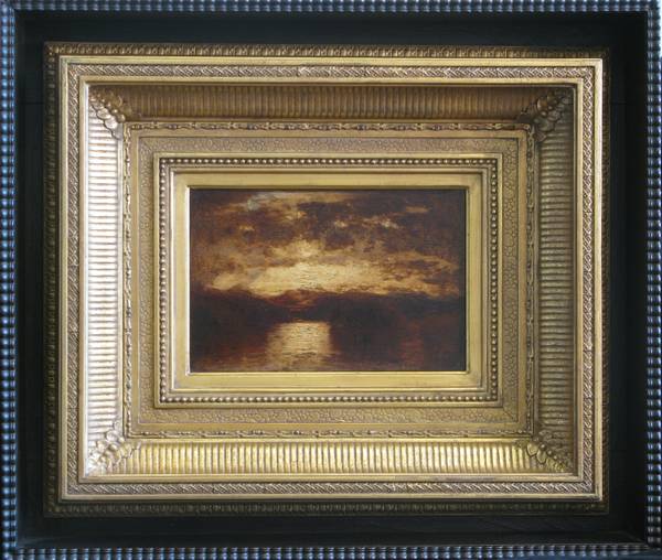 SAMUEL COLMAN (1832-1920)
Lake George
Oil on board
5 ¾ x 8 ¾ inches
Signed lower right; Inscribed on verso in pencil, "Lake George / S. Colman painter"
Original frame and shadow box Samuel Colman Lake George Framed